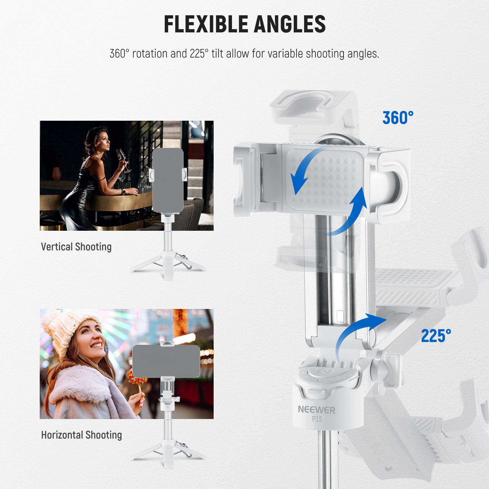 NEEWER P15 3-in-1 Handheld Selfie Stick Tripod allows for variable shooting angles.