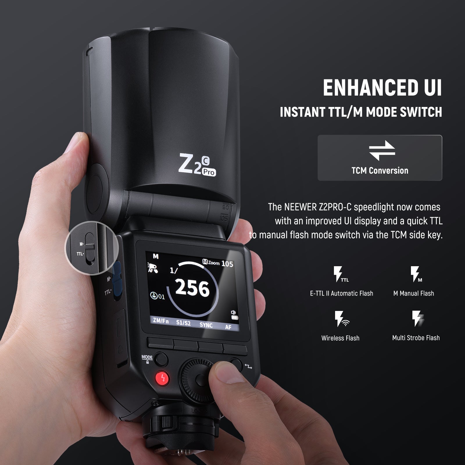 NEEWER Z2PRO Round Head Speedlite Flash comes with an improved UI display.