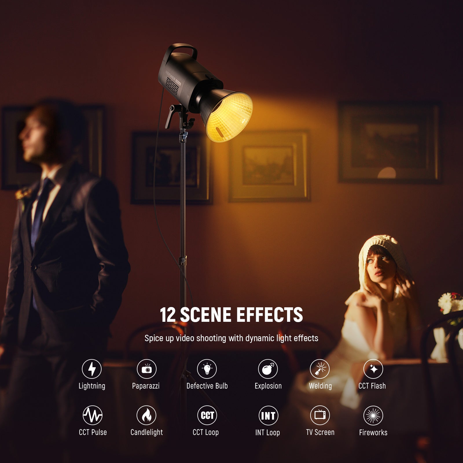 NEEWER CB120B Bi-Color LED Video Light offers 12 scene effects.