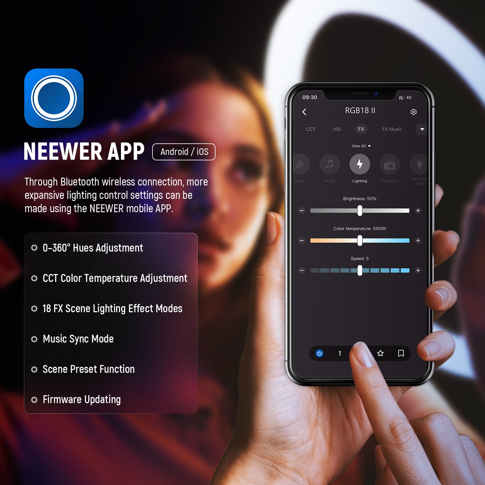 NEEWER RGB18 II Large Ring Light can be controlled by the NEEWER APP.