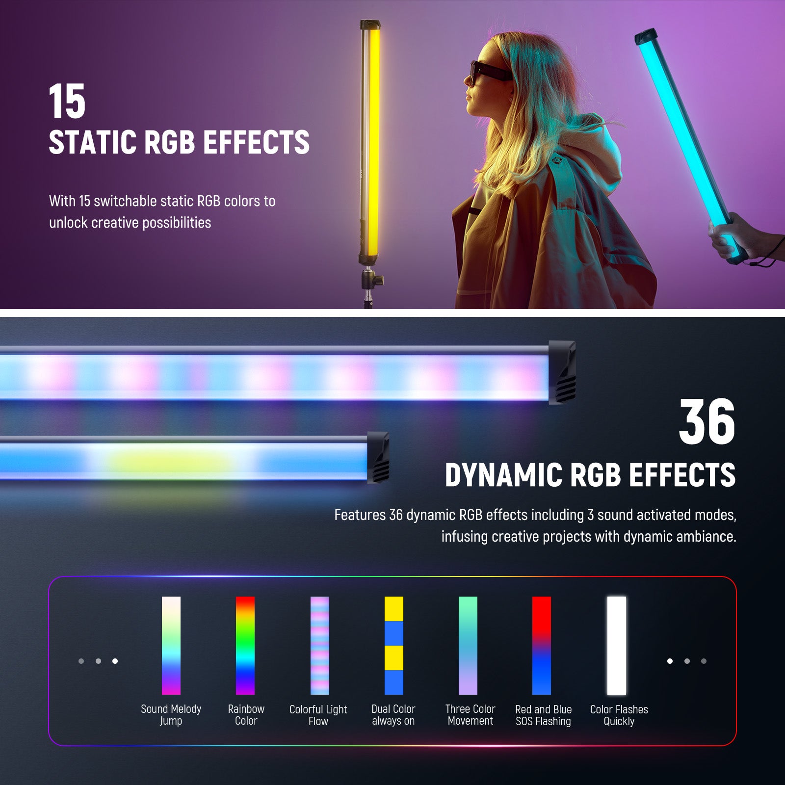 NEEWER SL50 Magnetic Handheld Light Wand offers 15 static RGB effects.