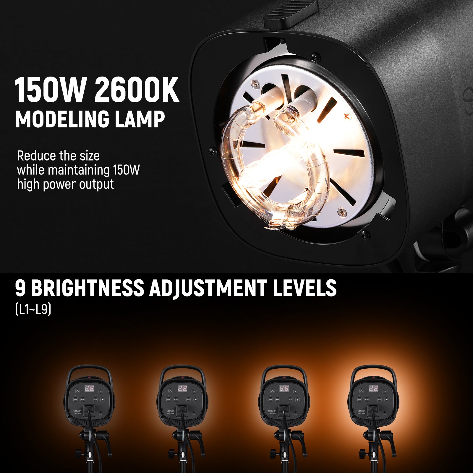 the 150W modeling lamp has 9 brightness levels (L1–L9) and 7.0–10 (1/8–1/1) flash power adjustment