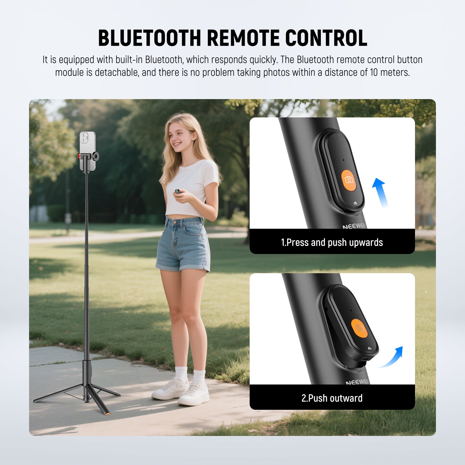 NEEWER PA992 Quick Release Selfie Stick Tripod for Phone features with bulit in Bluetooth.