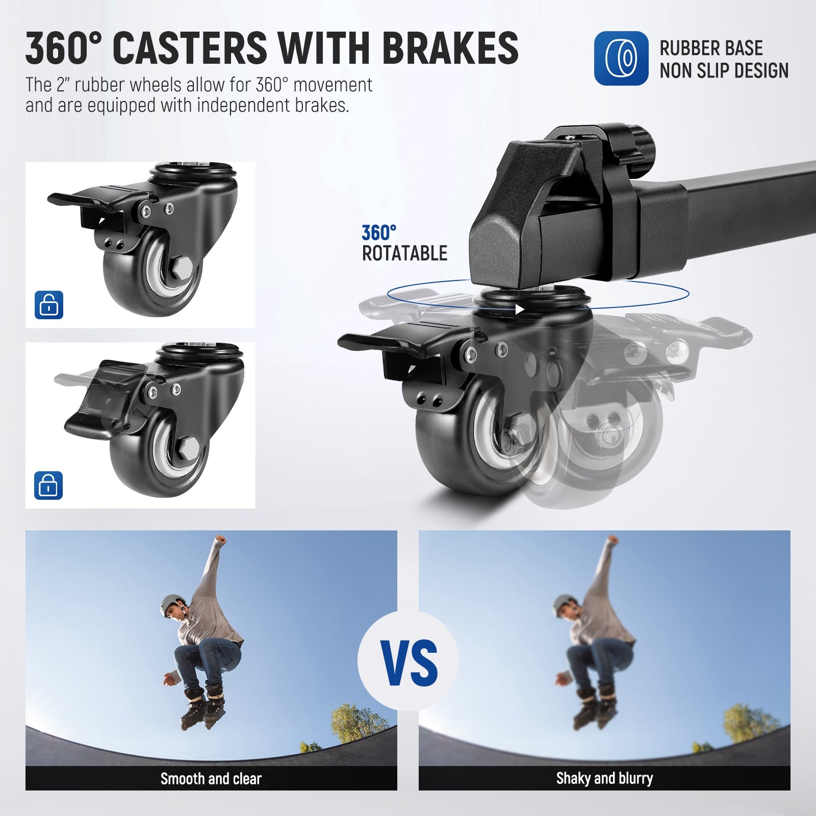 The 2 inch rubber wheels with 360° movements and individual brakes glides heavy equipment in any direction