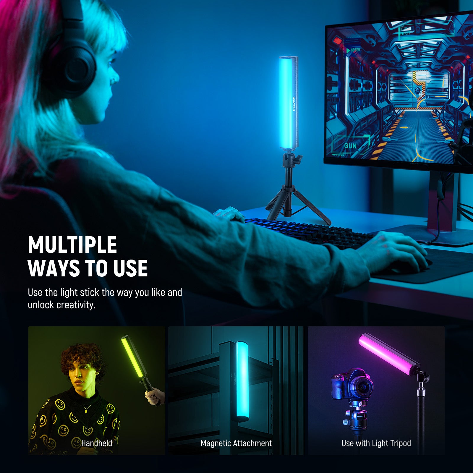 NEEWER TL20C RGB Magnetic Handheld Light Wand offers multiple ways to use.