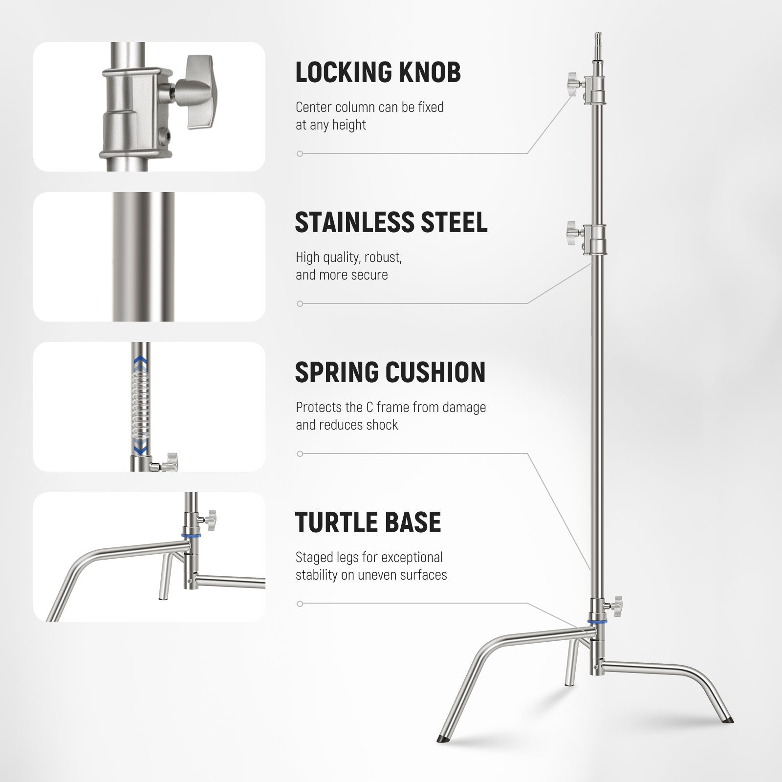 NEEWER SC320Q 320cm Heavy Duty C Stand is made of high quality stainless steel.