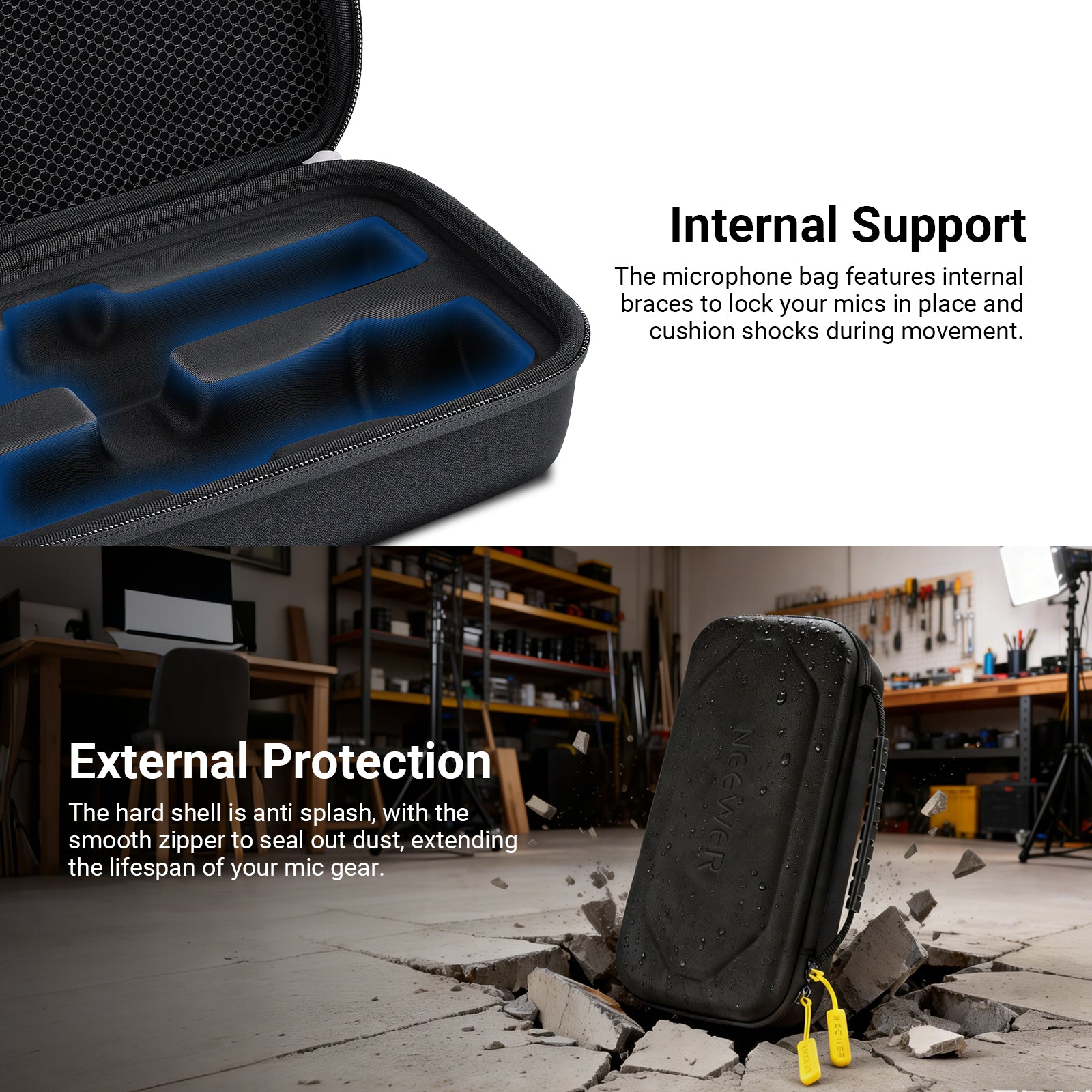 The microphone bag features internal braces to lock your mics in place and cushion shocks during movement.