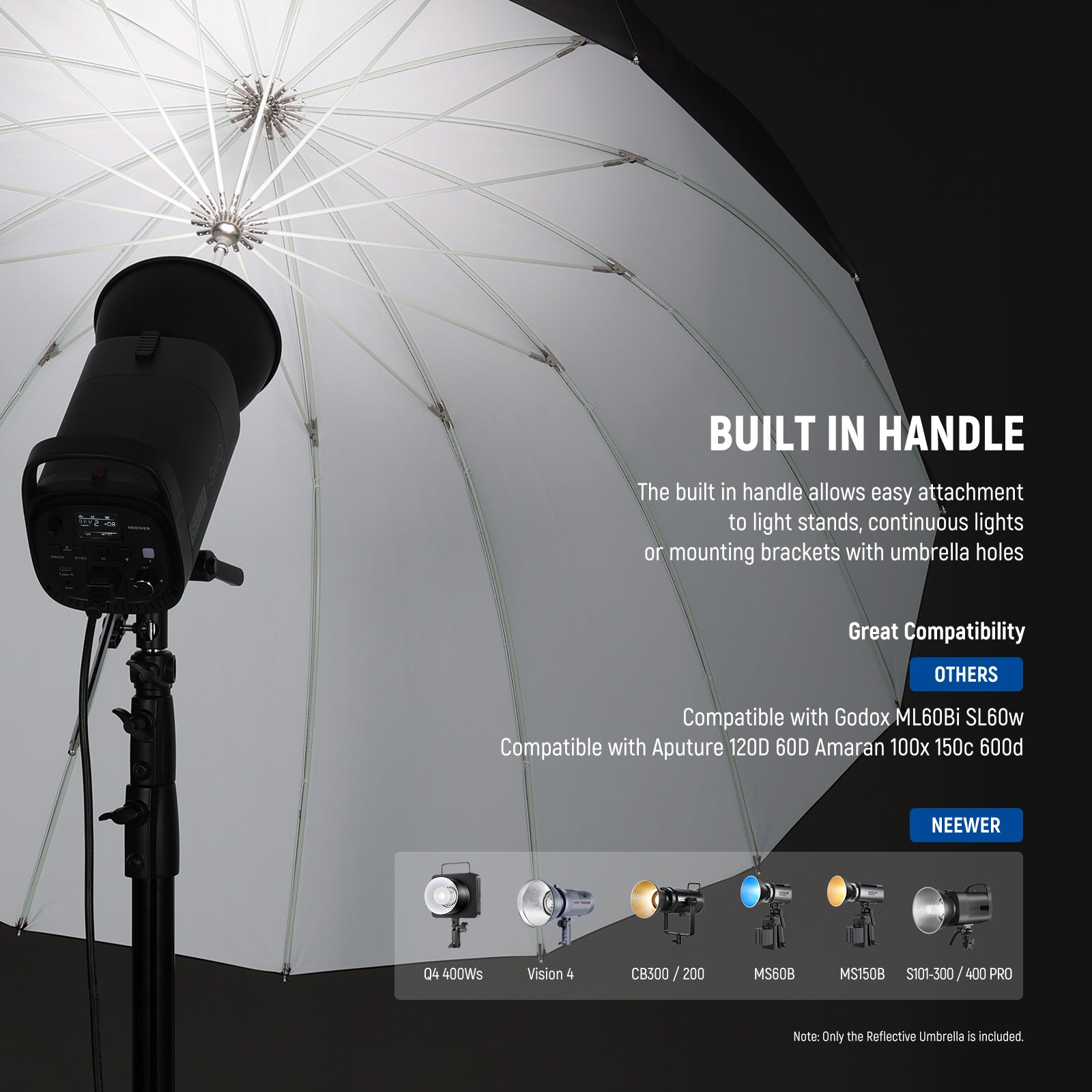 NEEWER NS1U Parabolic Reflective Umbrella features a handle.