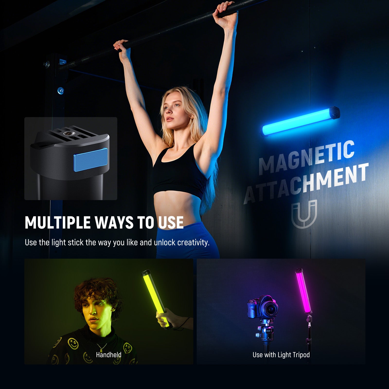 NEEWER SL30 Magnetic Portable Handheld RGB Light Wand supports multiple ways to use.