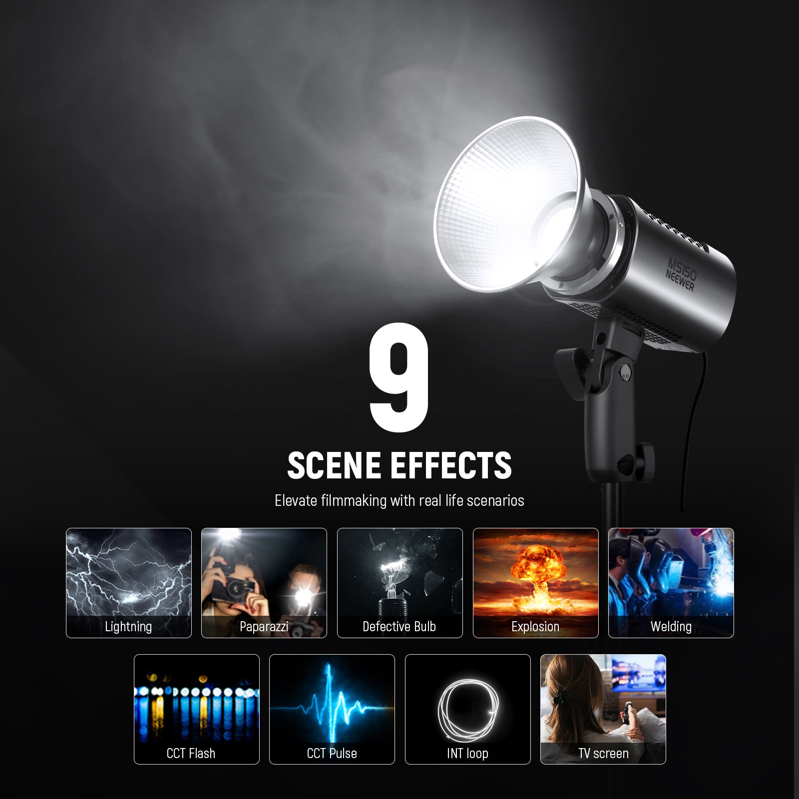 NEEWER MS150 Portable LED Light offers 9 scene effects.