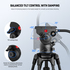 The video tripod with fluid head and a removable telescopic handle enables effortless 360° pan and +90°/-70° tilt adjustments