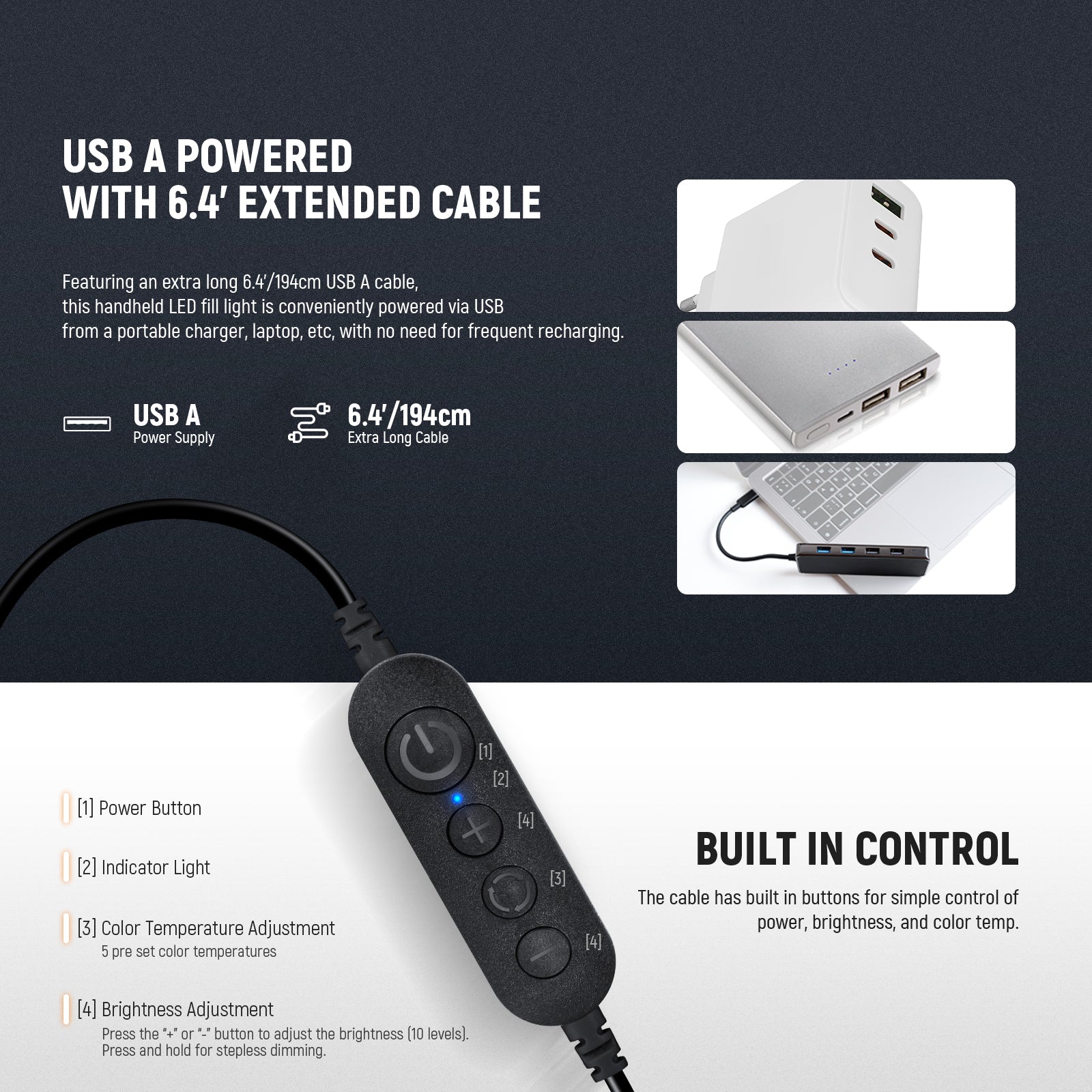 The extended cable provides greater flexibility for placement and movement during lighting setup.