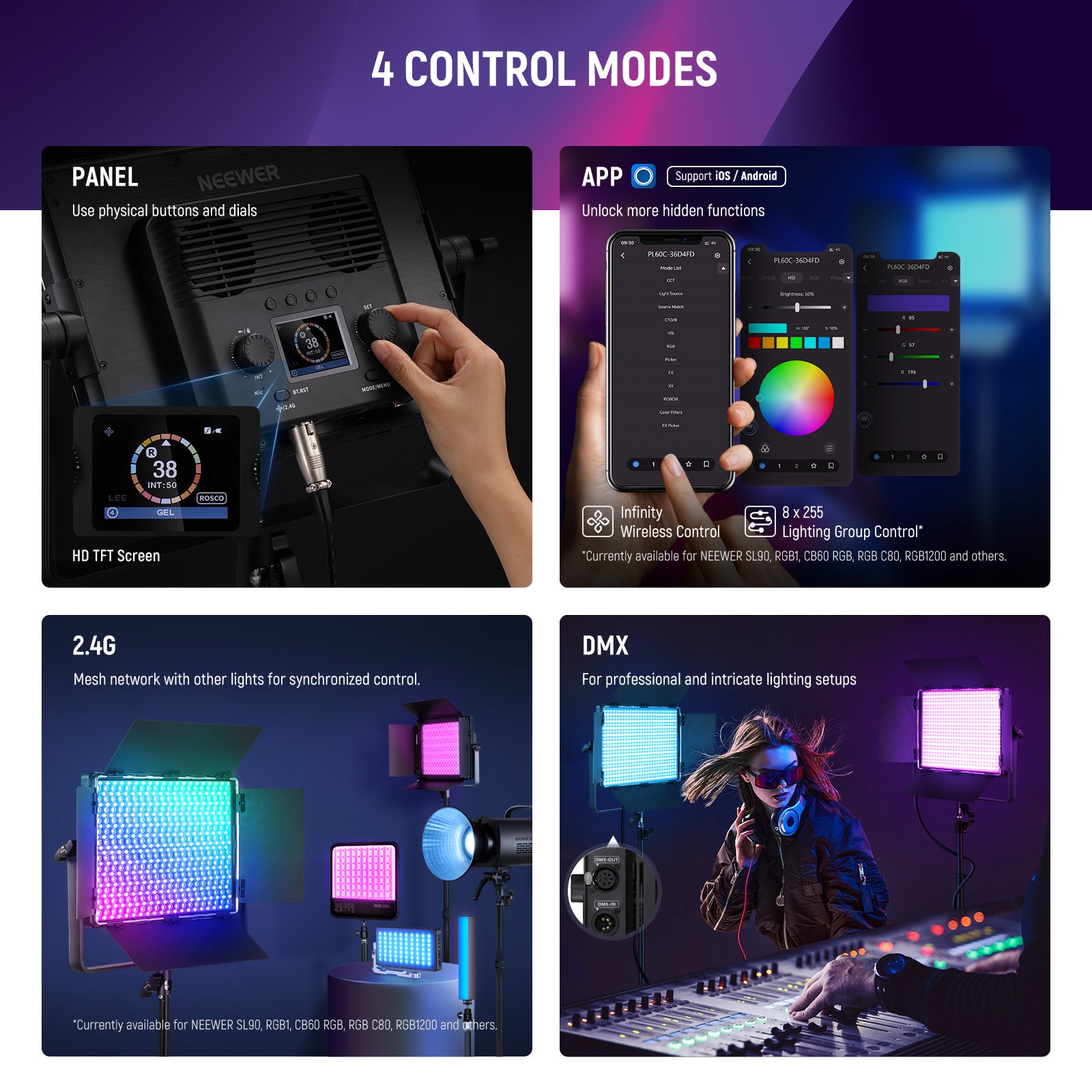 4 control modes of the NEEWER PL60C Professional RGB Light