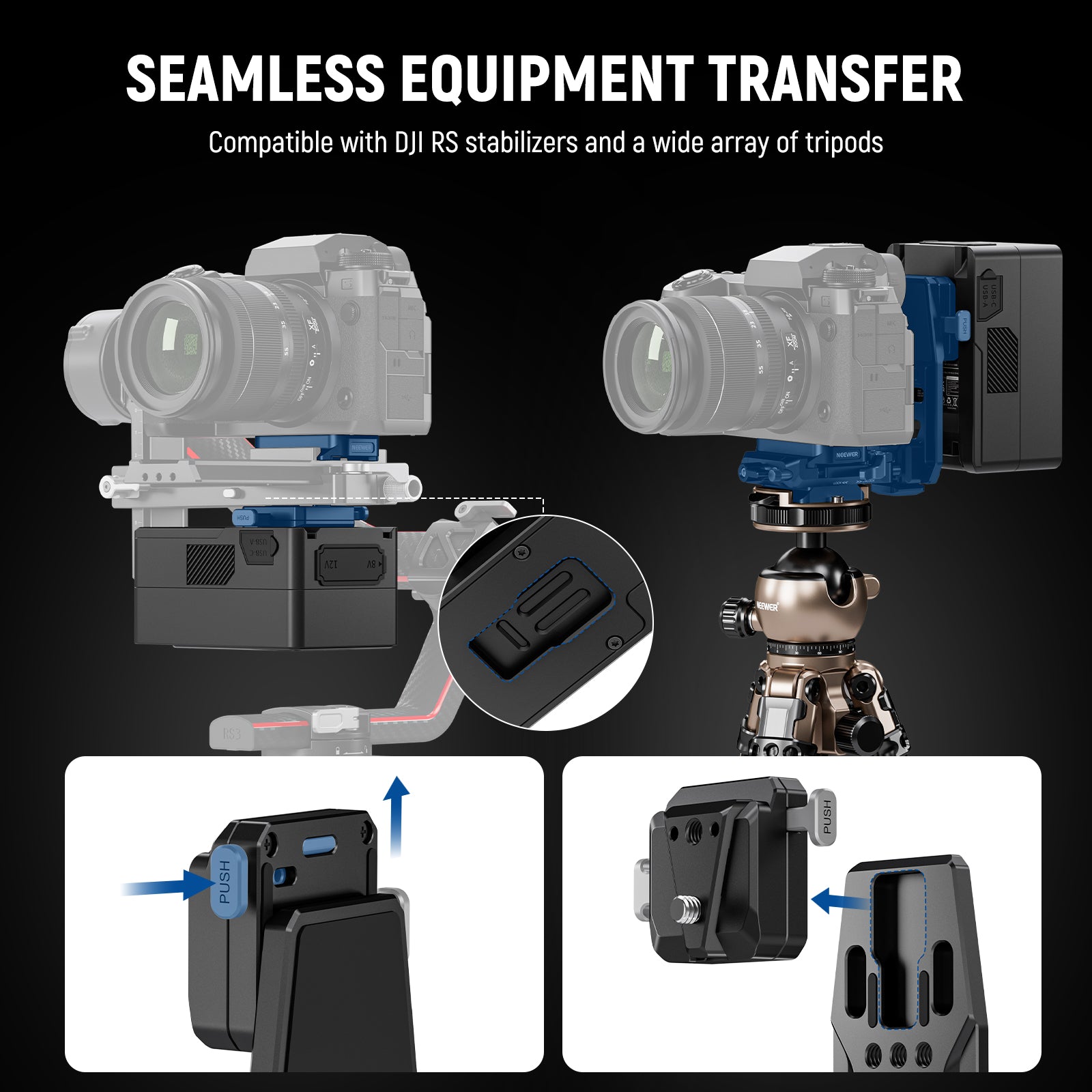 NEEWER PS016 V Mount Battery Plate is compatible with a wide array of tripods.