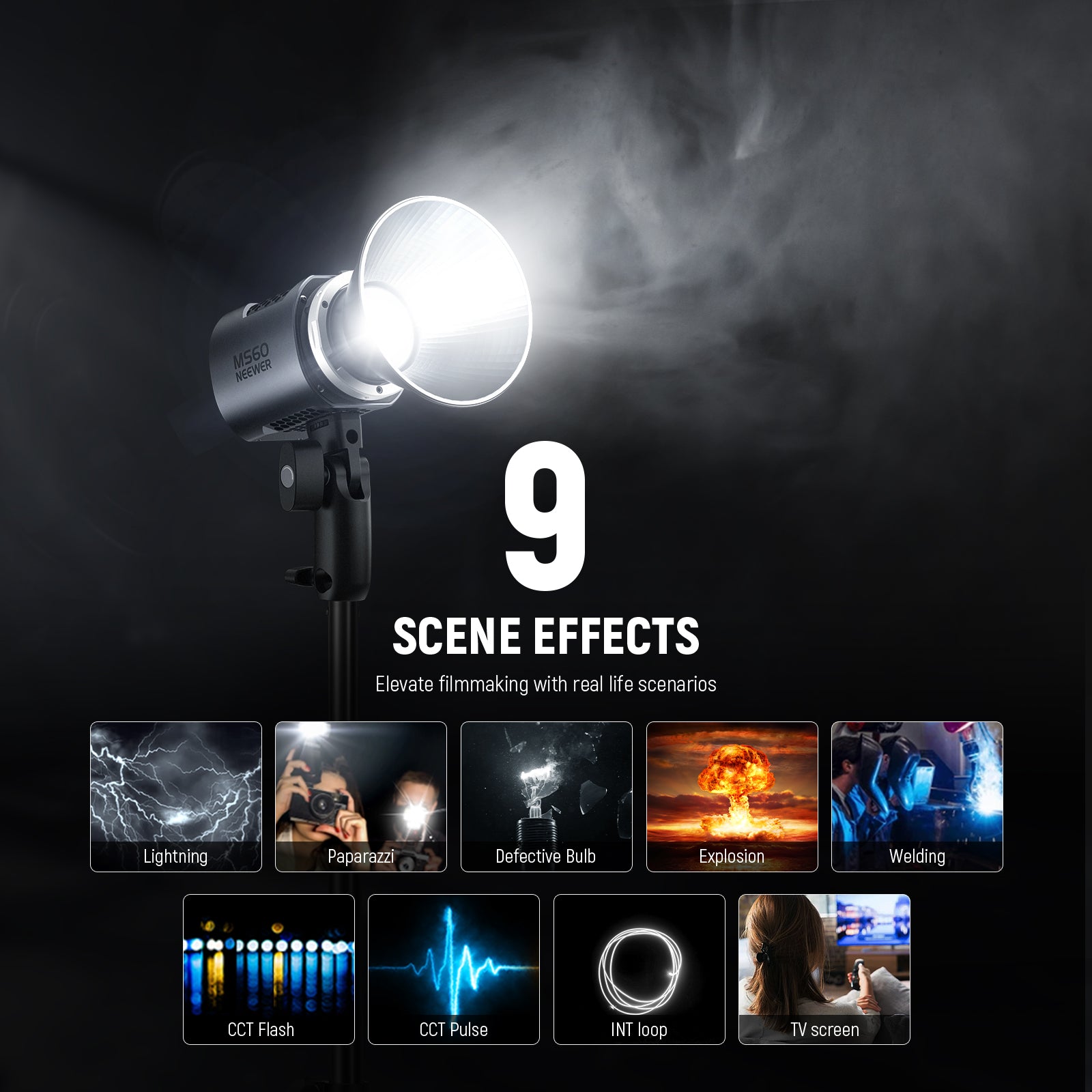 NEEWER MS60 Mini Video Light offers 9 scene effects.