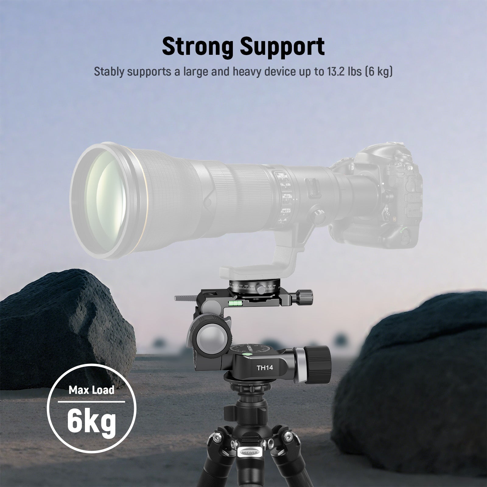 NEEWER TH14 2 Way Geared Tripod Head supports a heavy device up to 6kg.