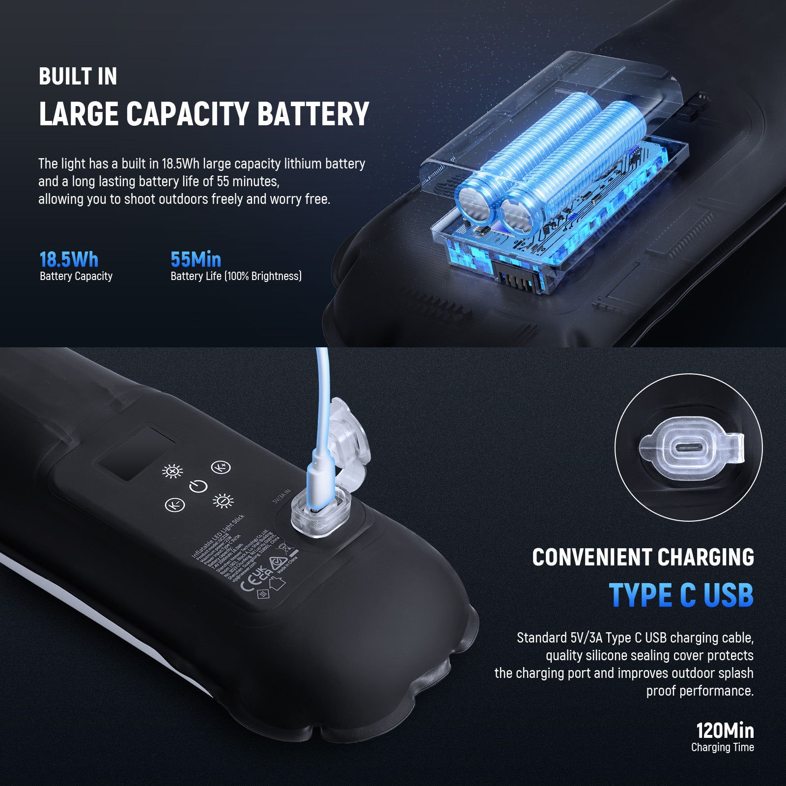 The LED fill light has a built in 7.4V 2500mAh 18.5Wh battery
