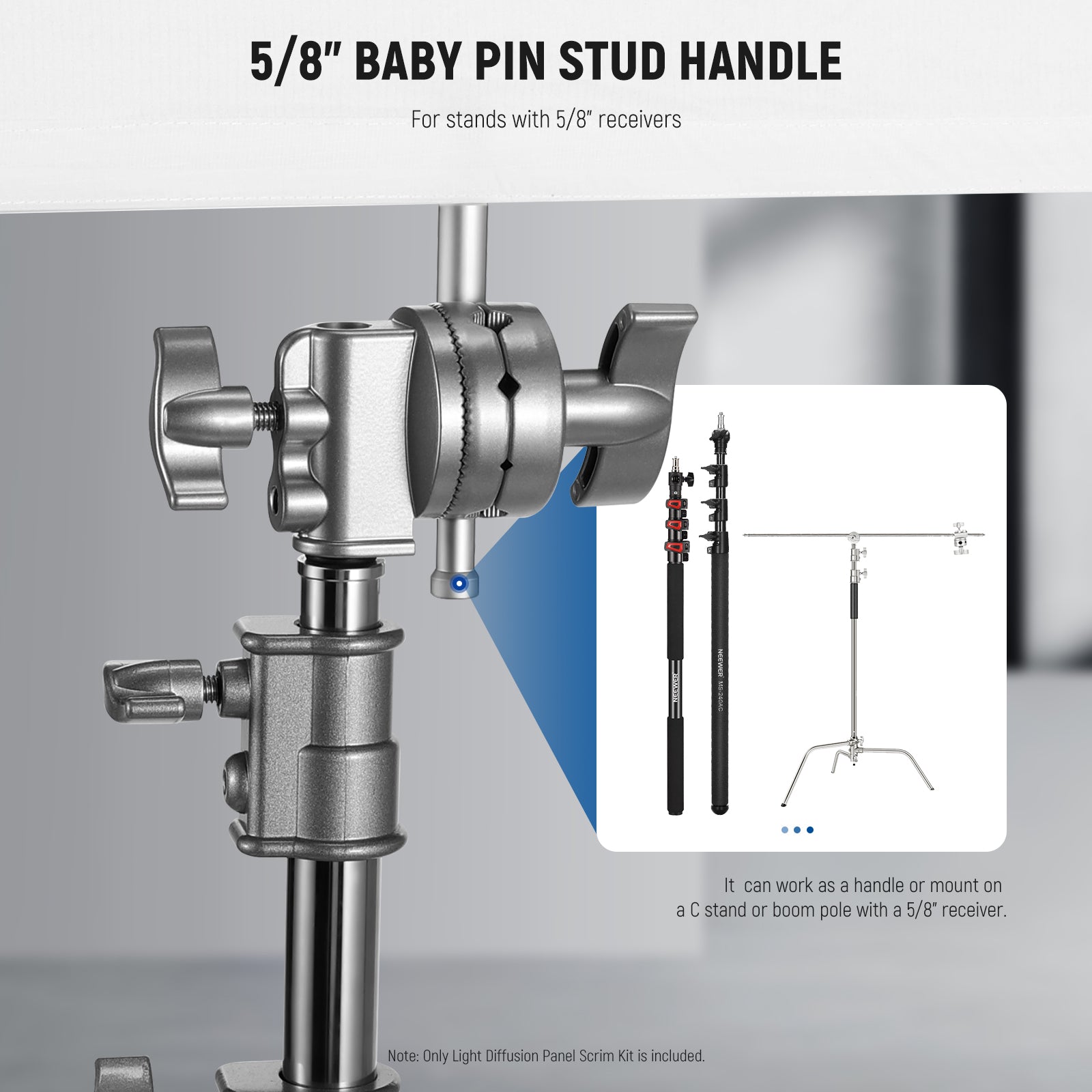 Two 5/8" baby pins can attach to the frame via 1/4" threads.