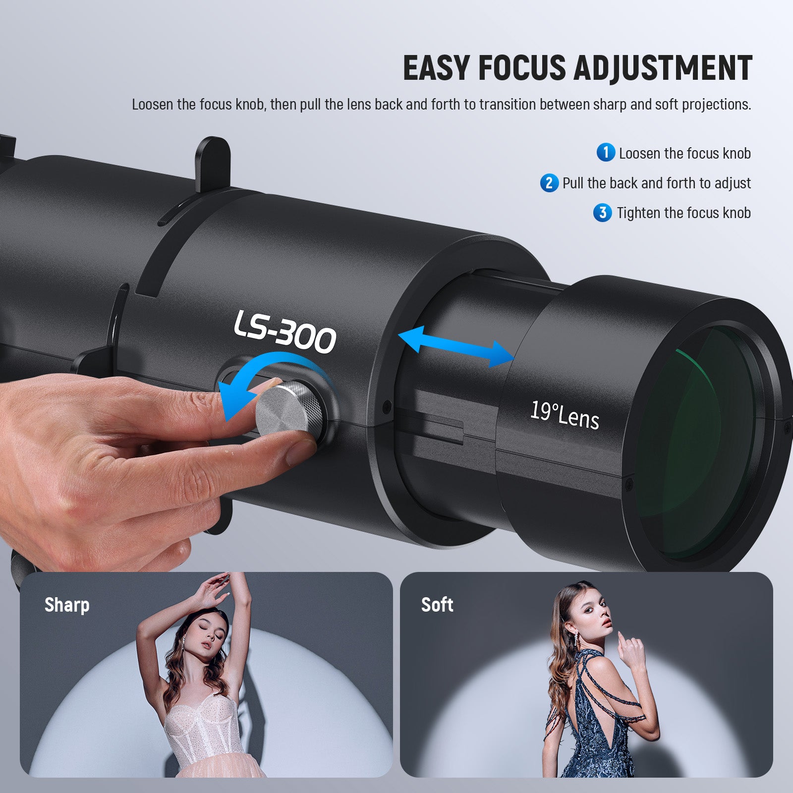 NEEWER LS-300 19° Spotlight Snoot offers easy focus adjustment.