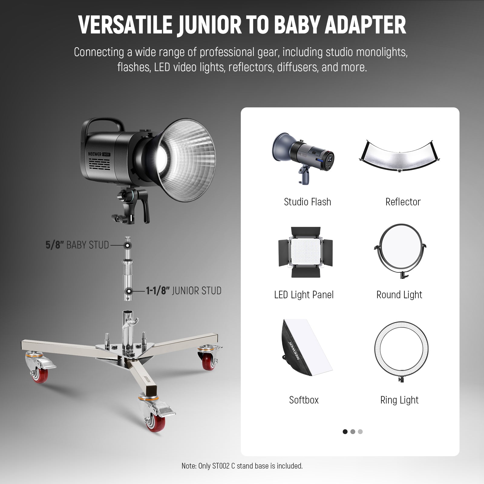 NEEWER ST002 Heavy Duty Light Stand Base can connect to a wide range of gear.