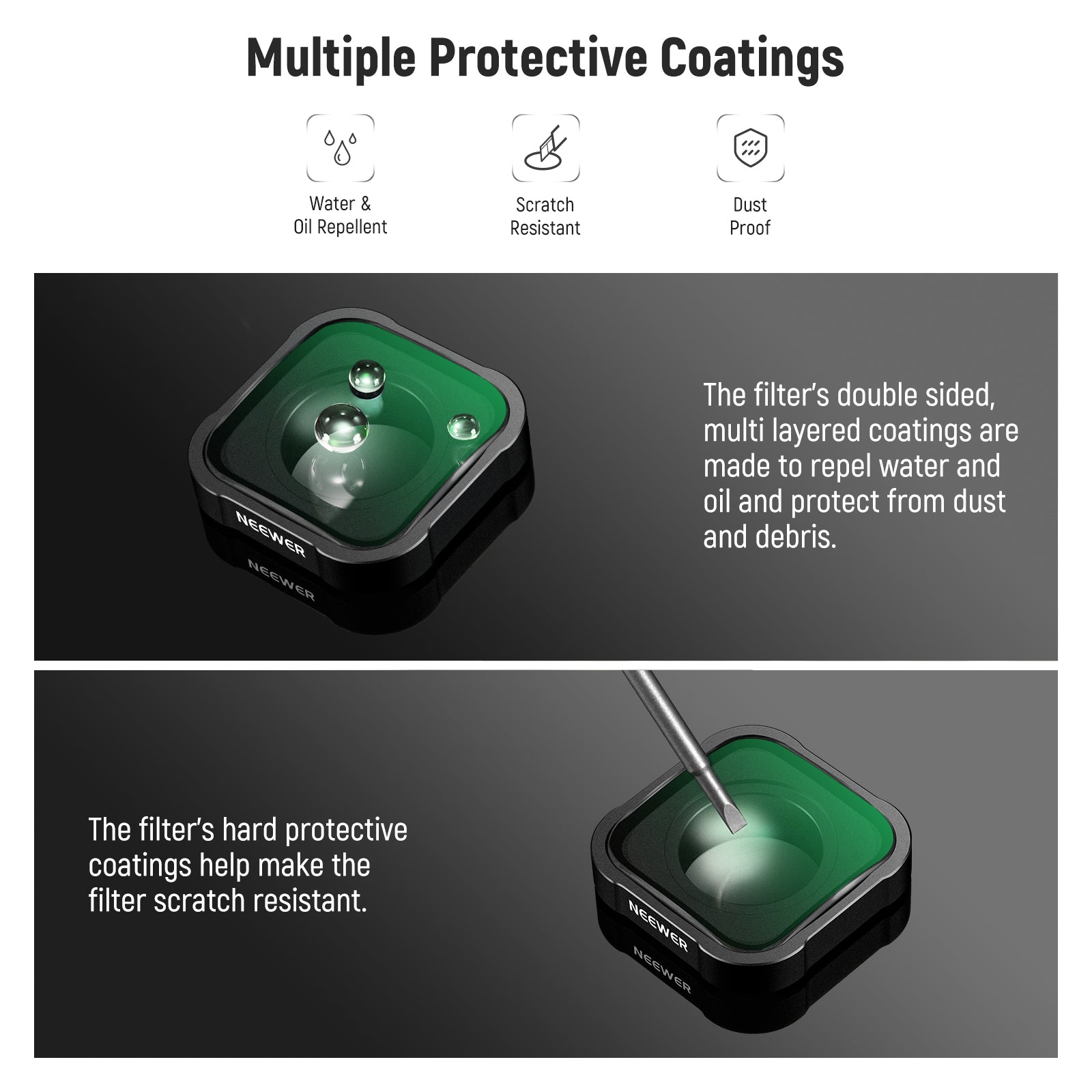 The anti reflective multiple coatings on both sides of the lens reduce glare and ghosting