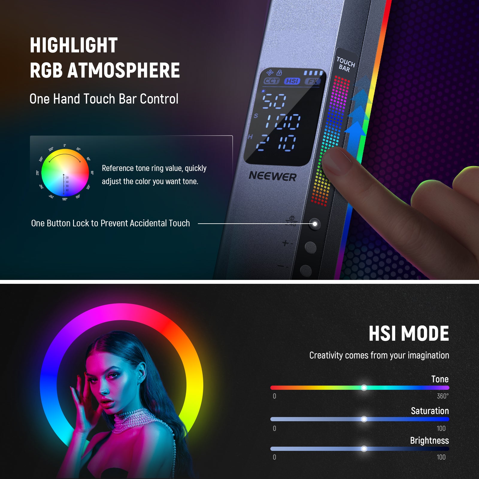 NEEWER RGB2 Magnetic LED Light Stick with Metal Barndoor features a highlight RGB atmosphere.