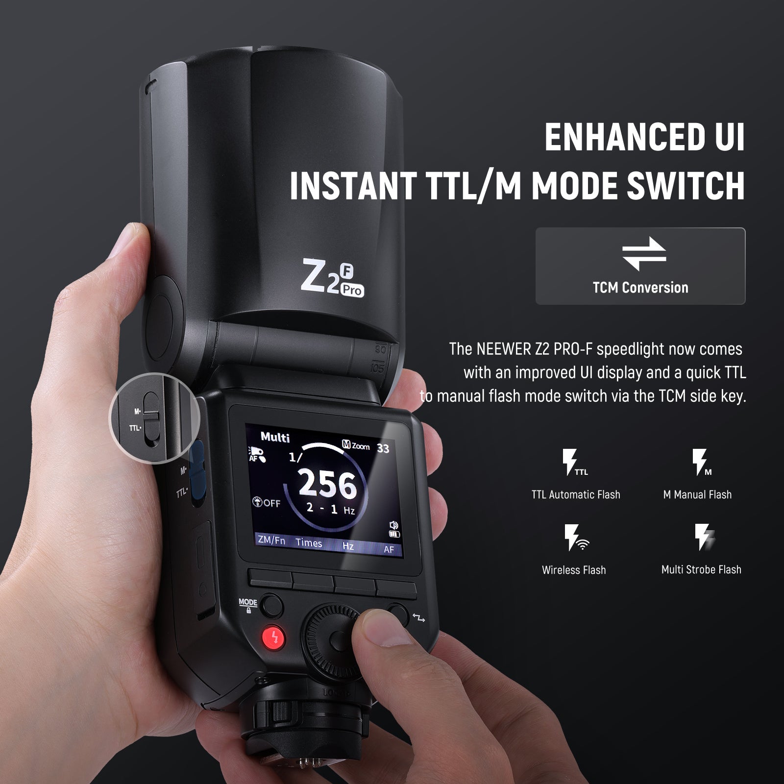 NEEWER Z2PRO-F Round Head Speedlite Flash has an upgraded UI and a TCM key