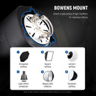 The standard Bowens mount can work with softboxes, photography umbrellas, and other light shapers.