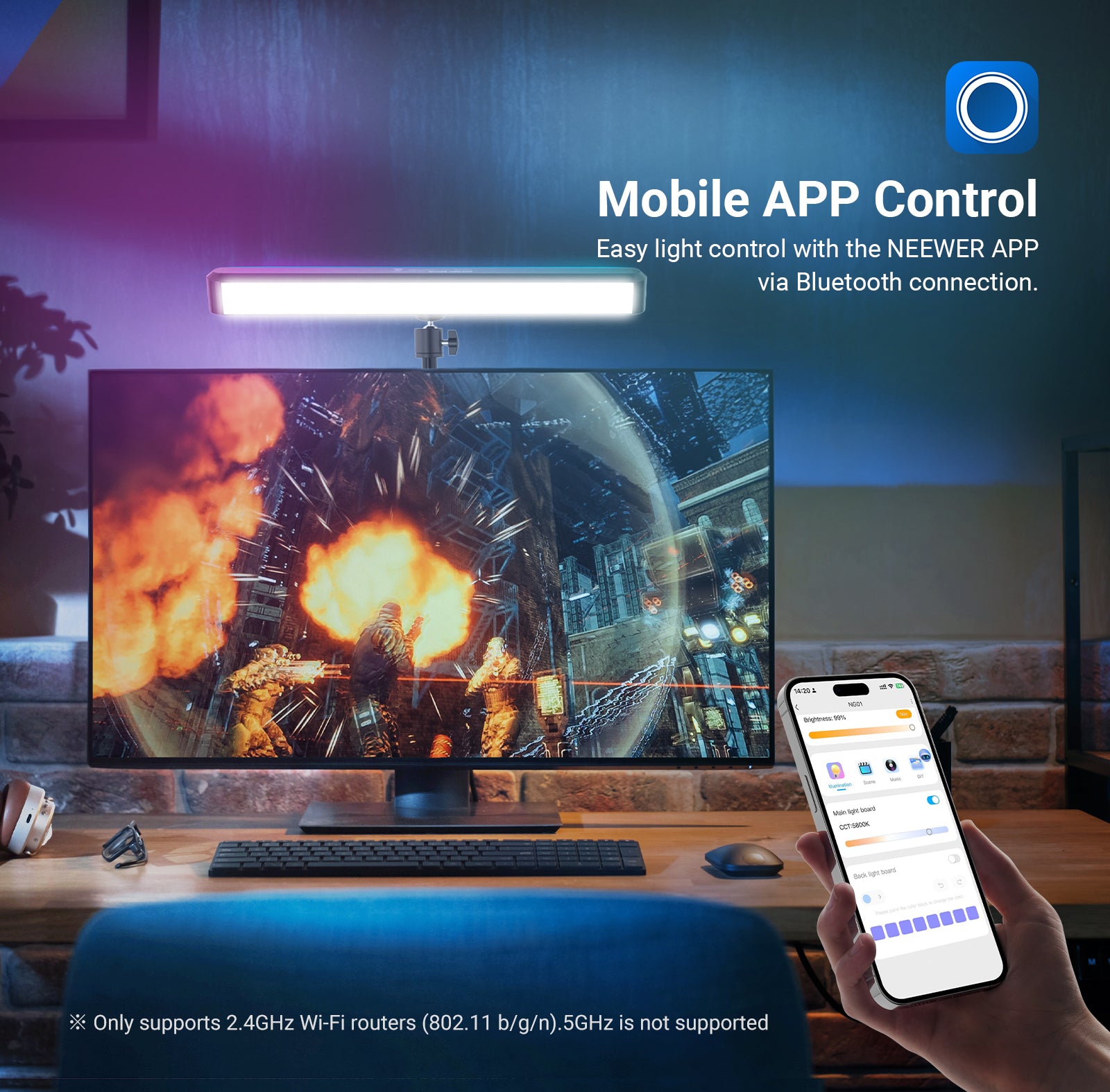 The NEEWER NG01 RGB LED Streaming Key Light can be controlled using the NEEWER APP via a Bluetooth connection.