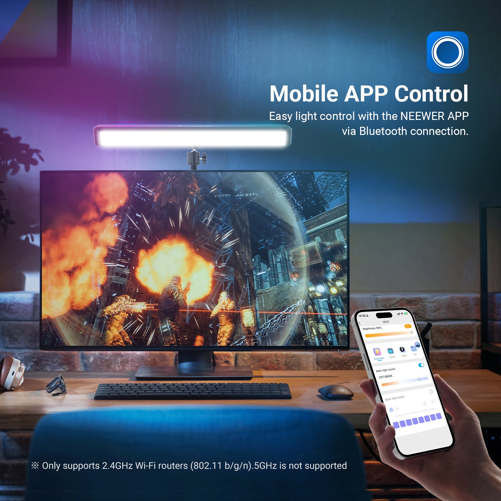 The NEEWER NG01 RGB LED Streaming Key Light can be controlled using the NEEWER APP via a Bluetooth connection.