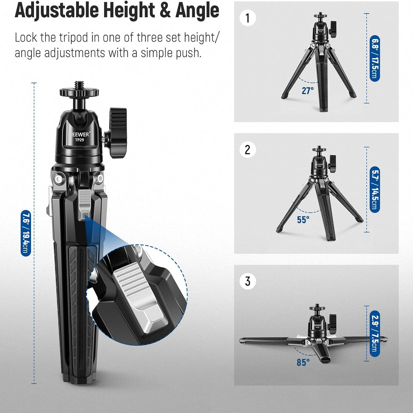 NEEWER TP29 Metal Tabletop Mini Tripod is easily adjusted.