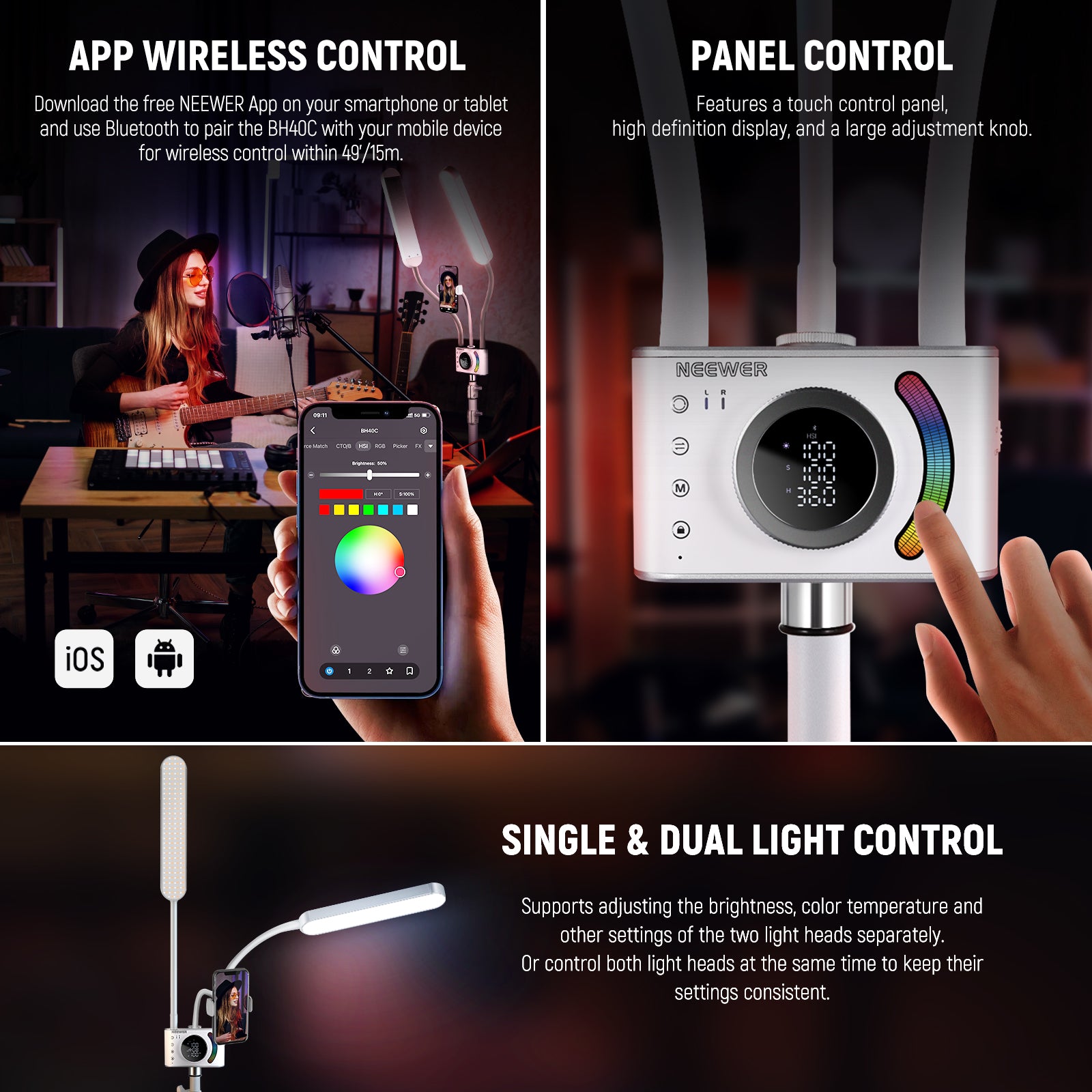 NEEWER BH40C RGB Esthetician Light  can be controlled by 3 ways.