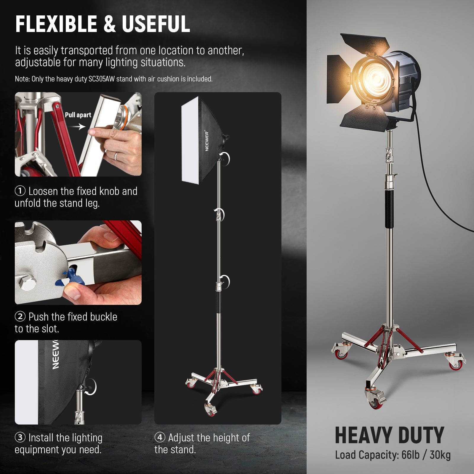 NEEWER SC305AW Light Stand with Wheels is easily transported from one location to another.