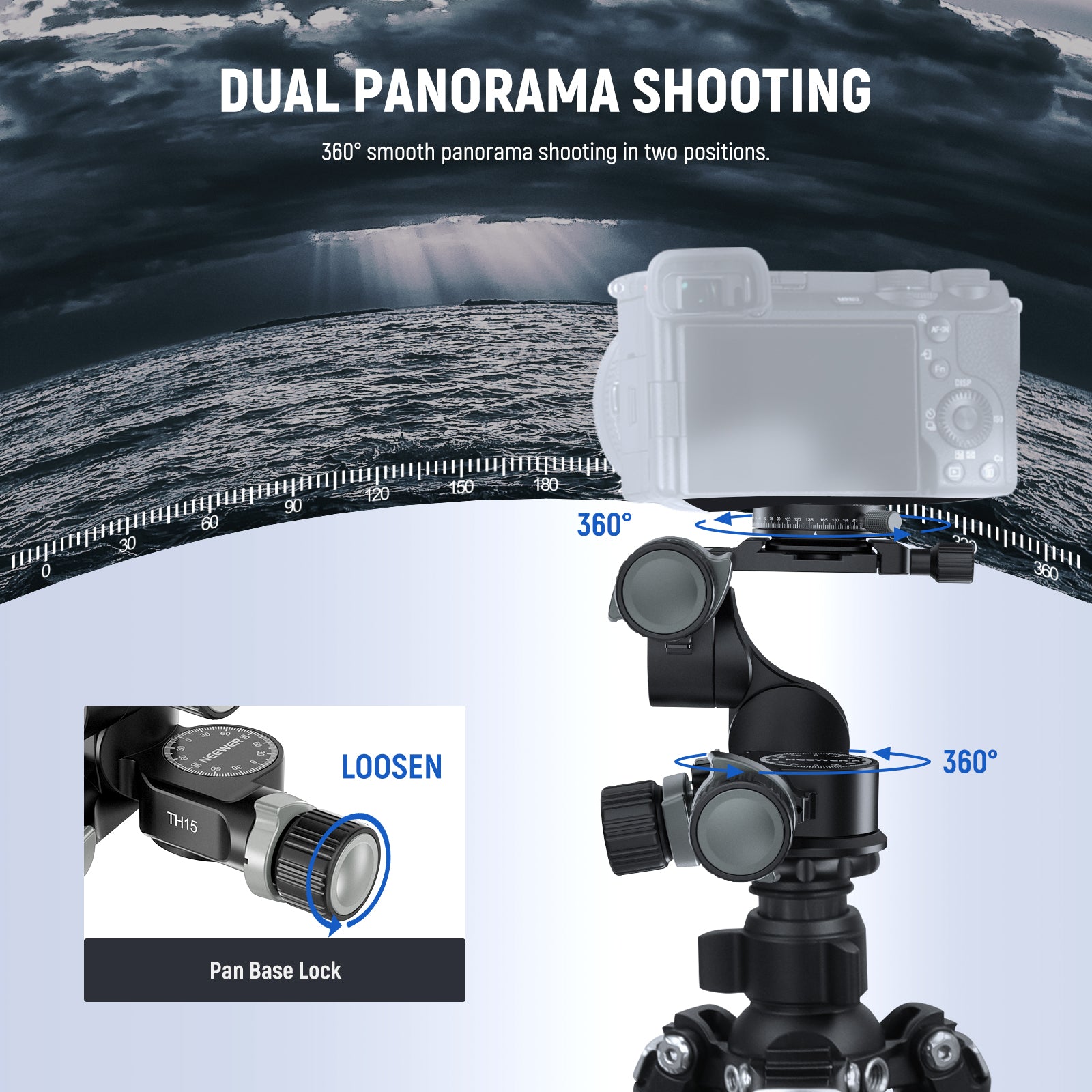 NEEWER TH15 3-Way Geared Tripod Head helps achieve flexible camera angles