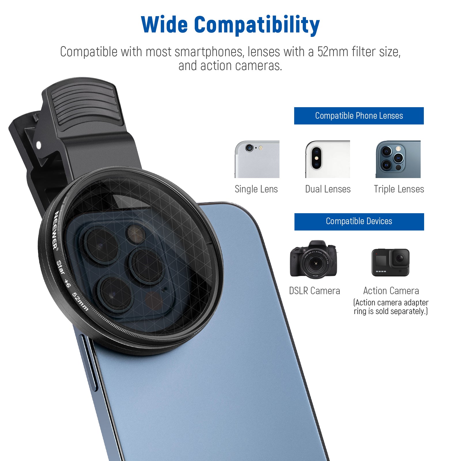 Wide Compatibility of the NEEWER 52mm Lens Filters Kit for Phone & Camera