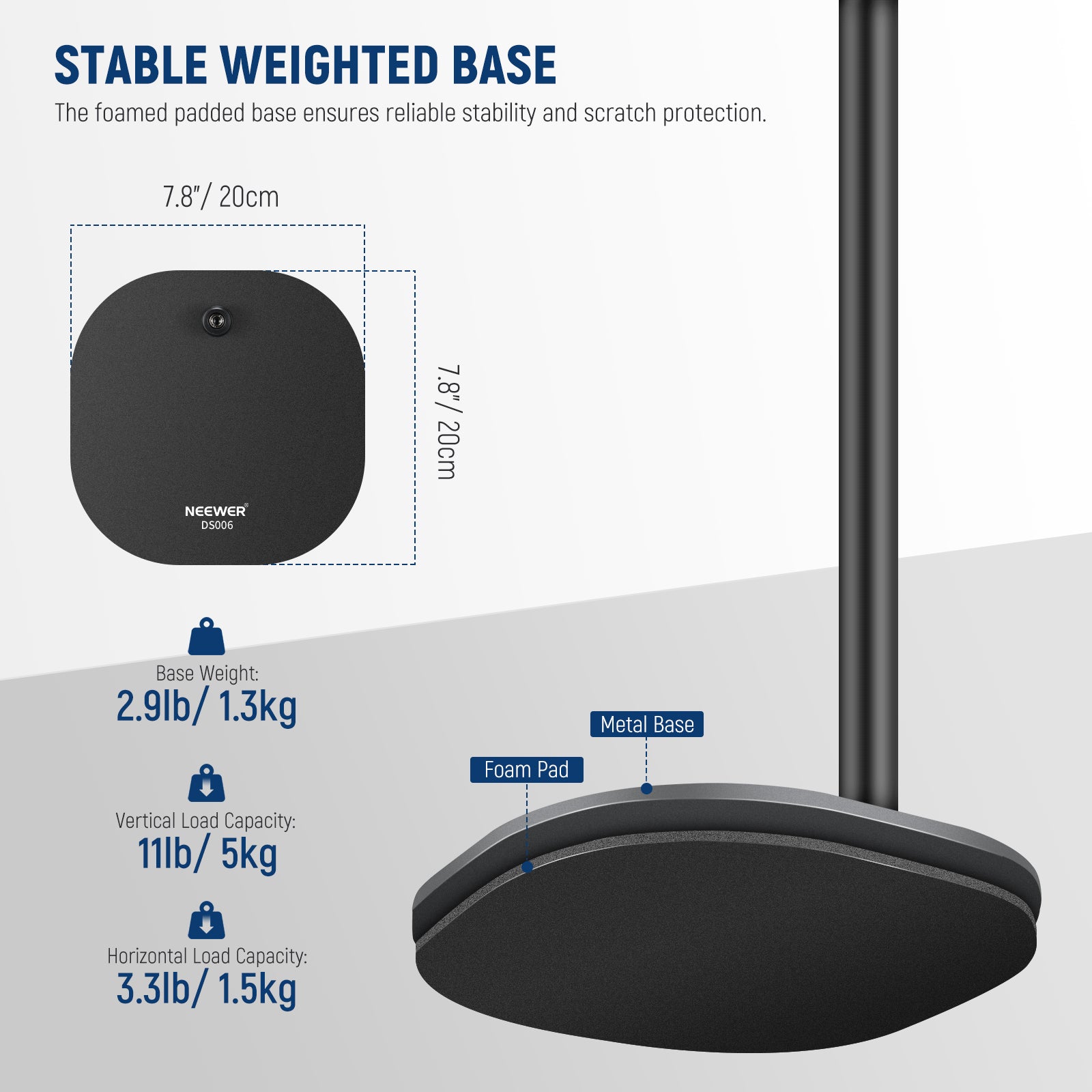 The foamed padded base ensures reliable stability.