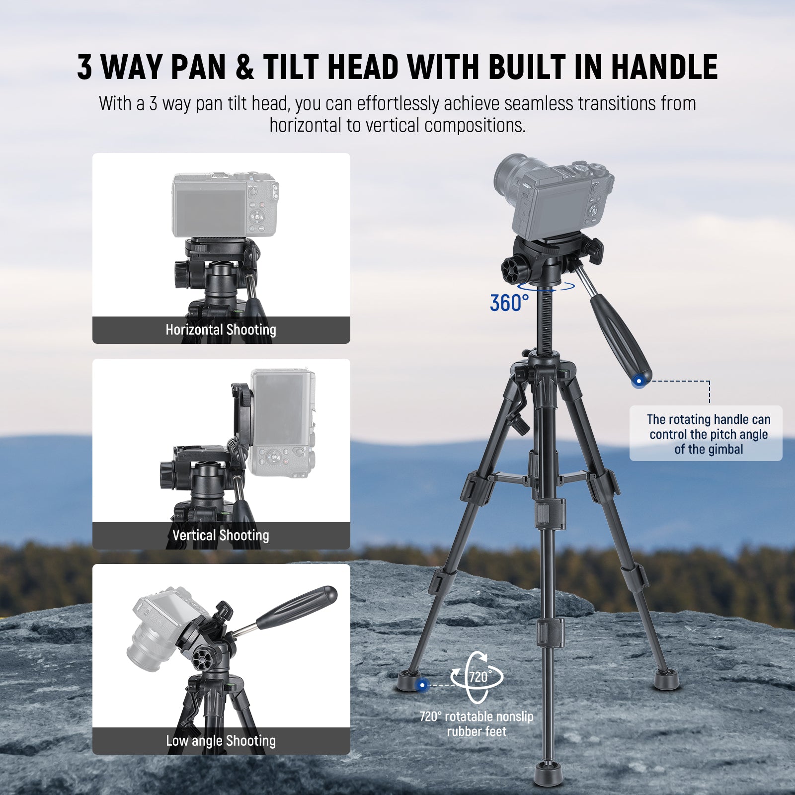 NEEWER TP02 Mini Desk Tripod for features with a 3 way pan tilt head.