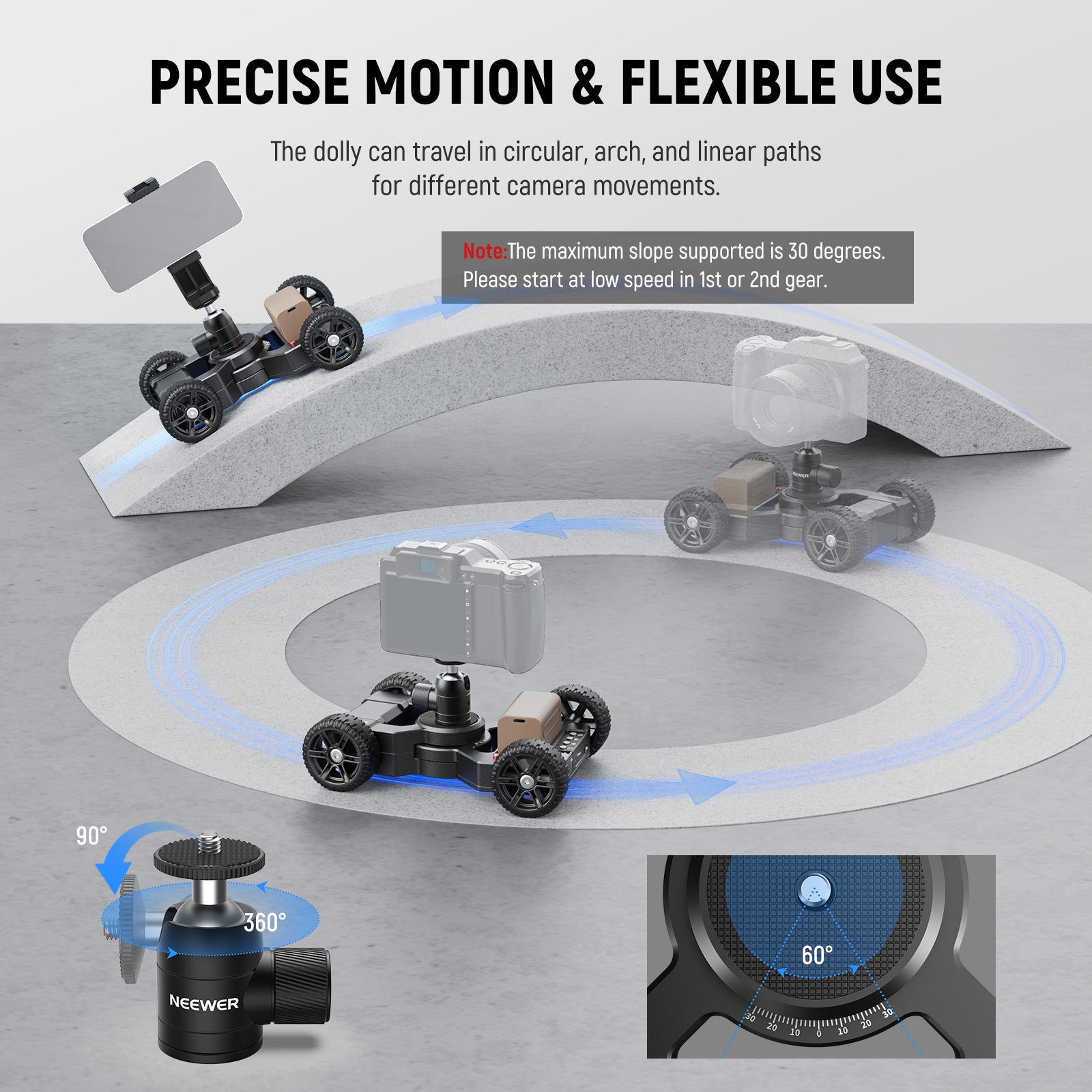 NEEWER DL400 Upgraded Motorized Camera Slider Dolly can travel in circular and arch paths.