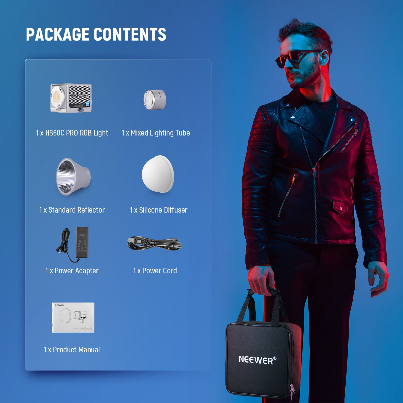 Package Contents of the NEEWER HS60C Pro 60W Portable Handheld COB Video Light