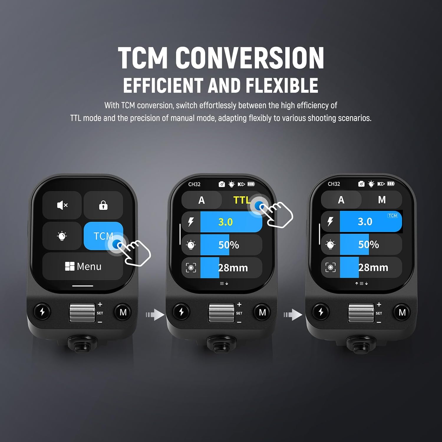 The wireless flash trigger supports click TCM switch