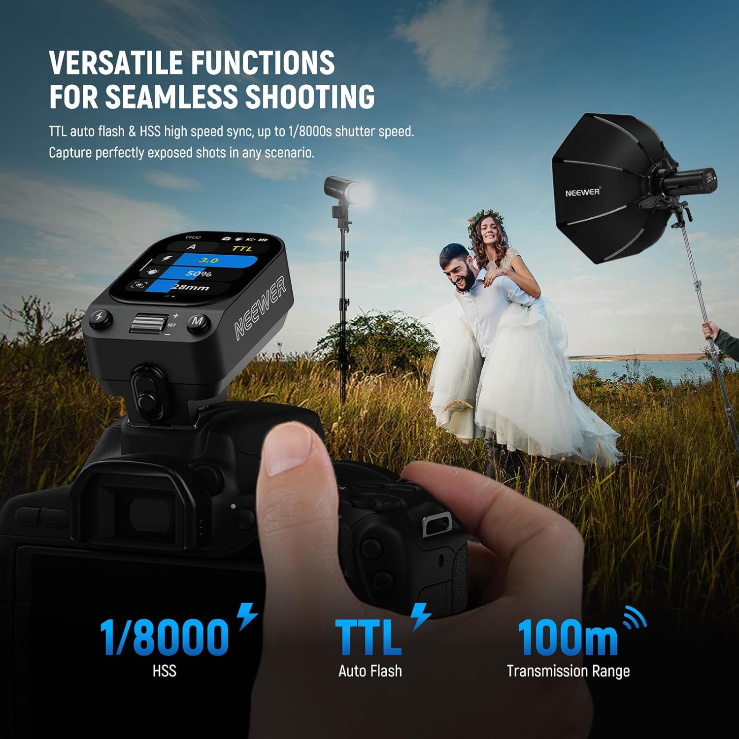 NEEWER QZ-C TTL Wireless Flash Trigger Transmitter for Canon offers multiple flash modes.