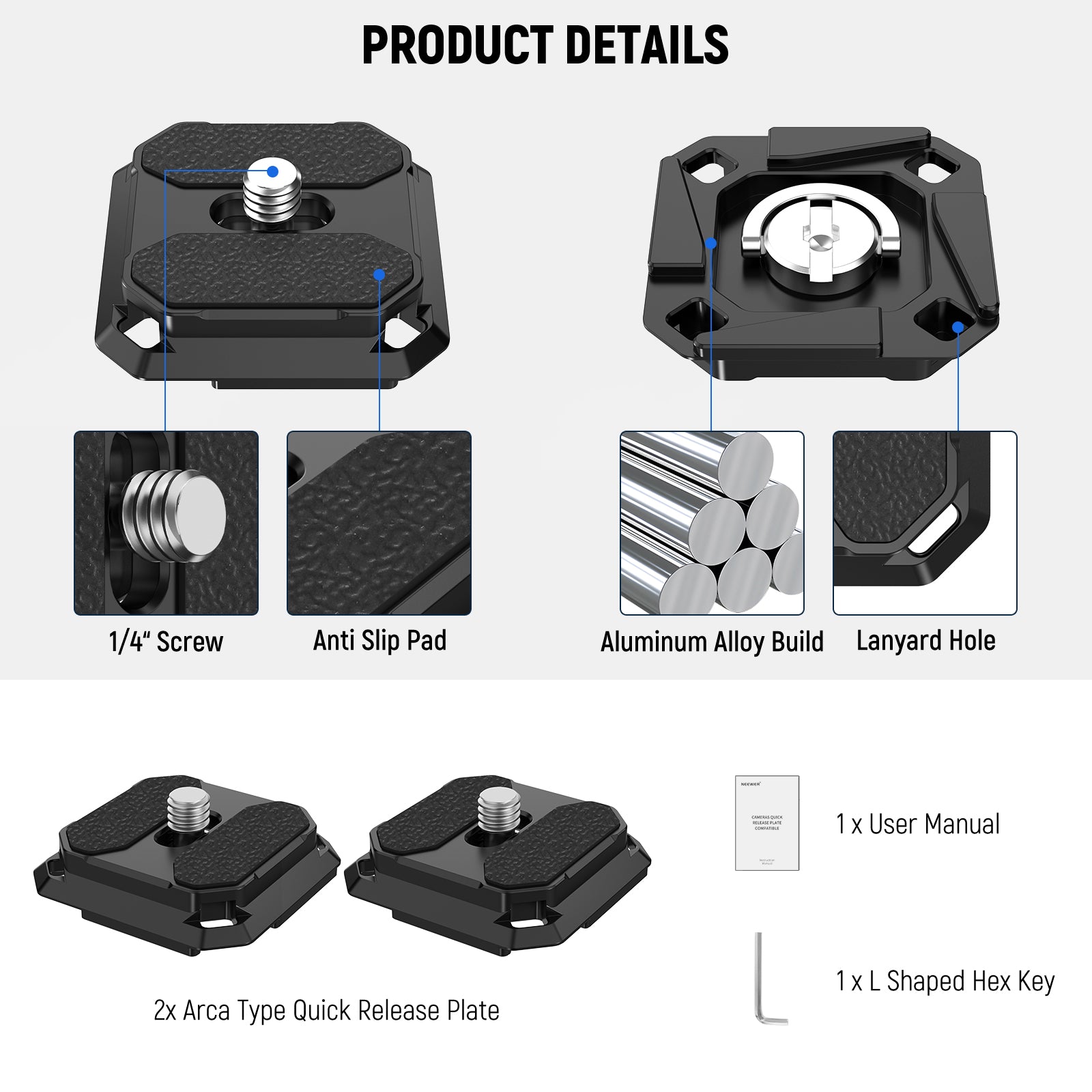 Product detail of the NEEWER 2 Pack Arca Type Quick Release Plate