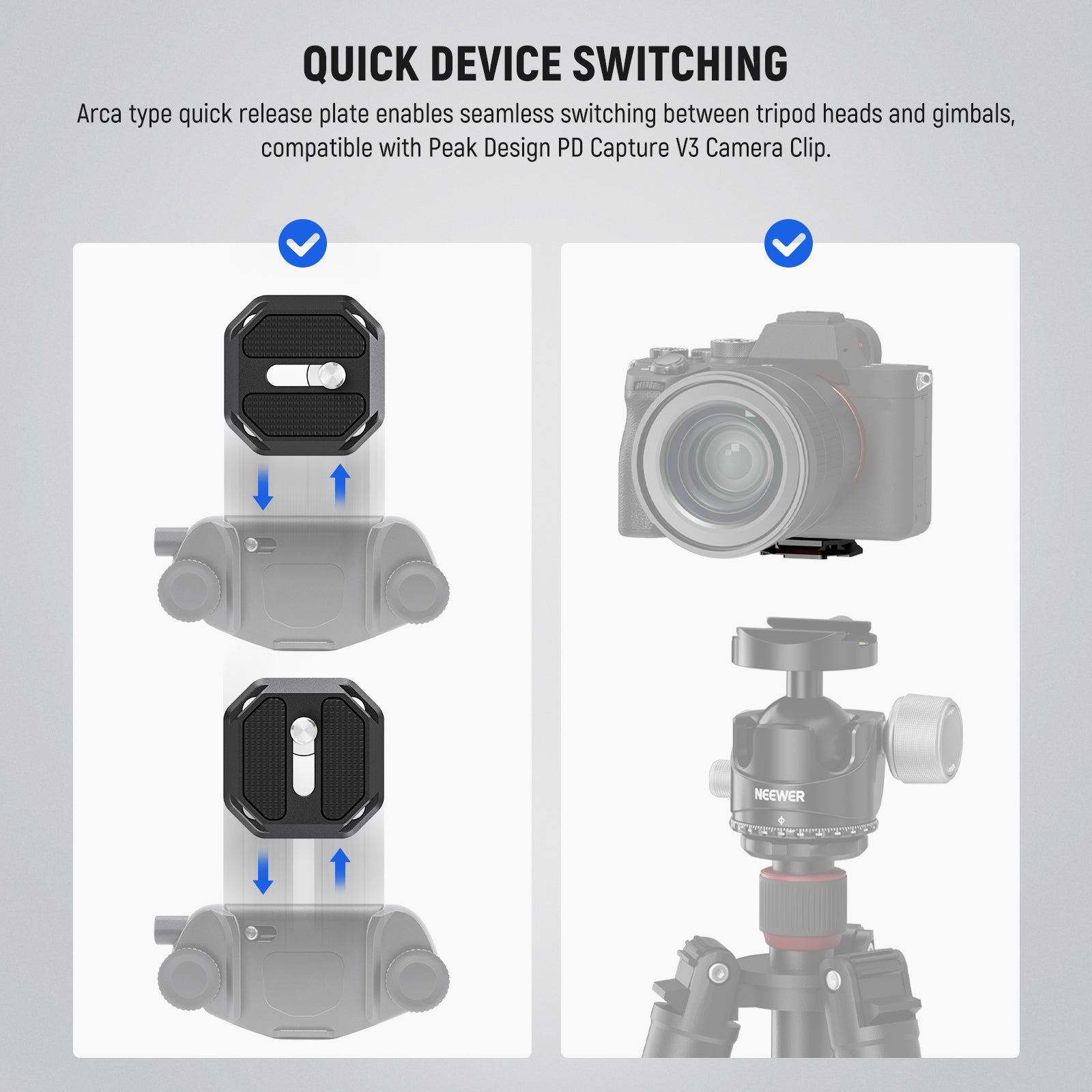 NEEWER GM34 Camera Quick Release Plate enables seamless switching between tripod heads and gimbals.