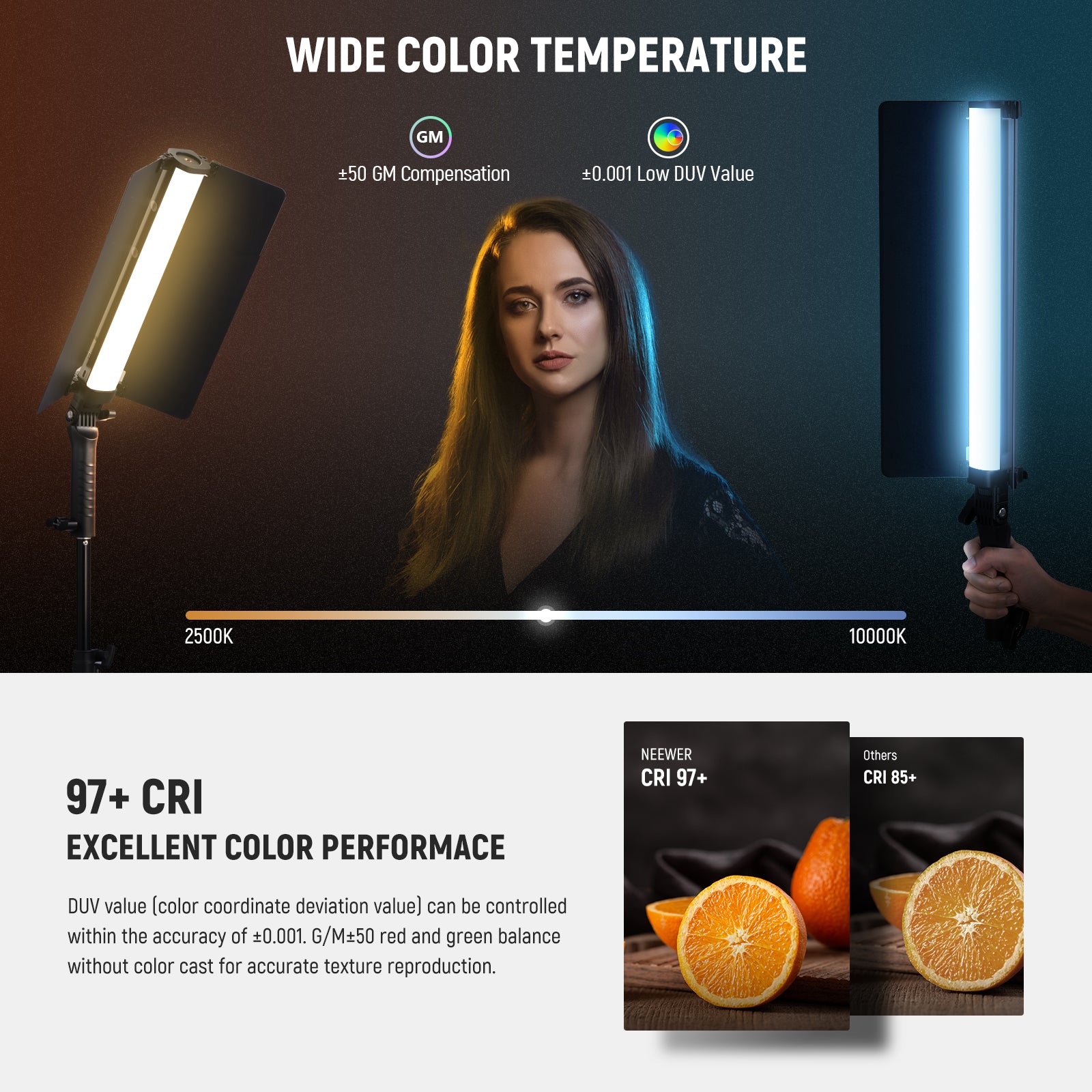 NEEWER RGB2 Magnetic LED Light Stick with Metal Barndoor offers a wide color temperature of 2500-10000K.