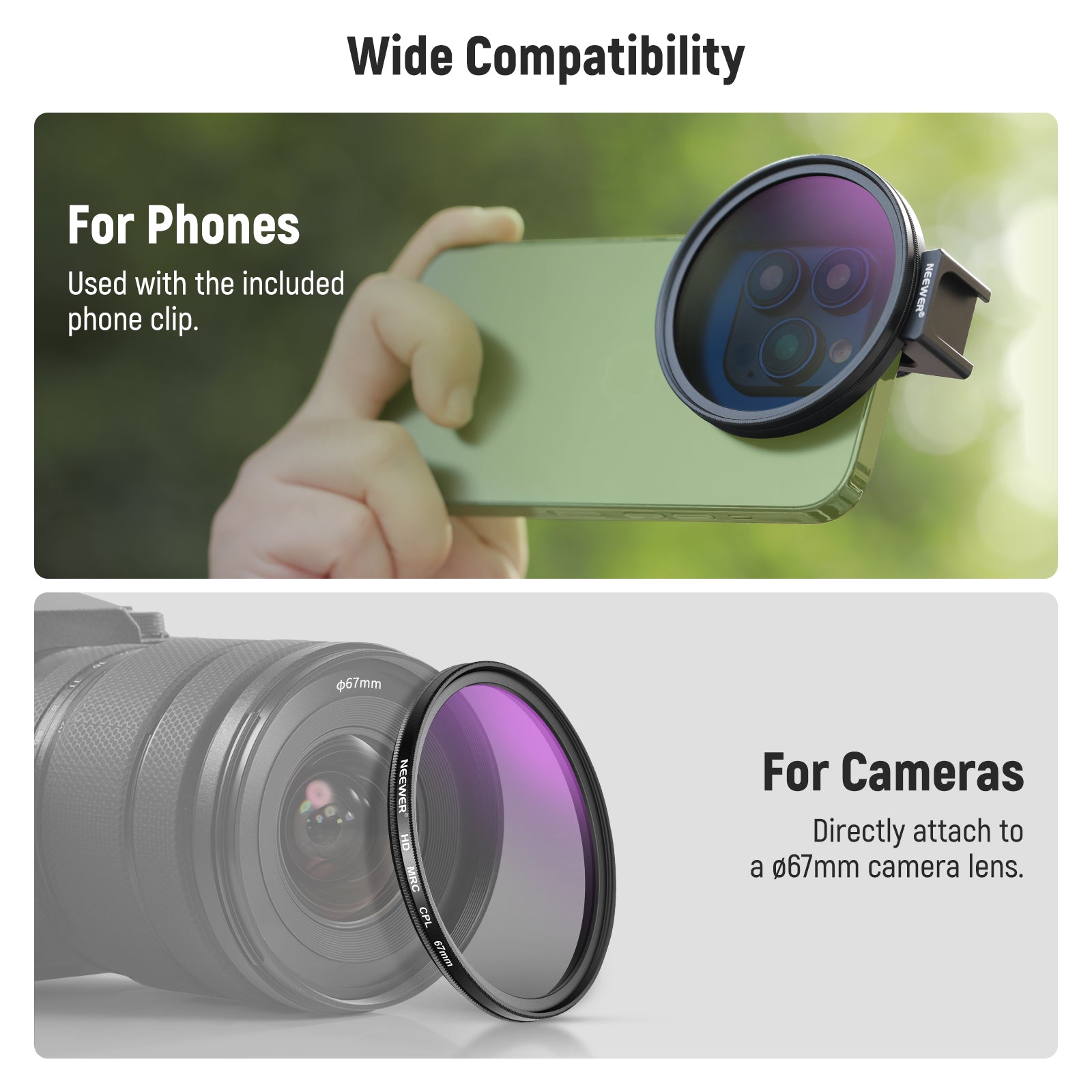 Wide Compatibility of the NEEWER FL-78 67mm HD CPL Filter & Cold Shoe Phone Clip