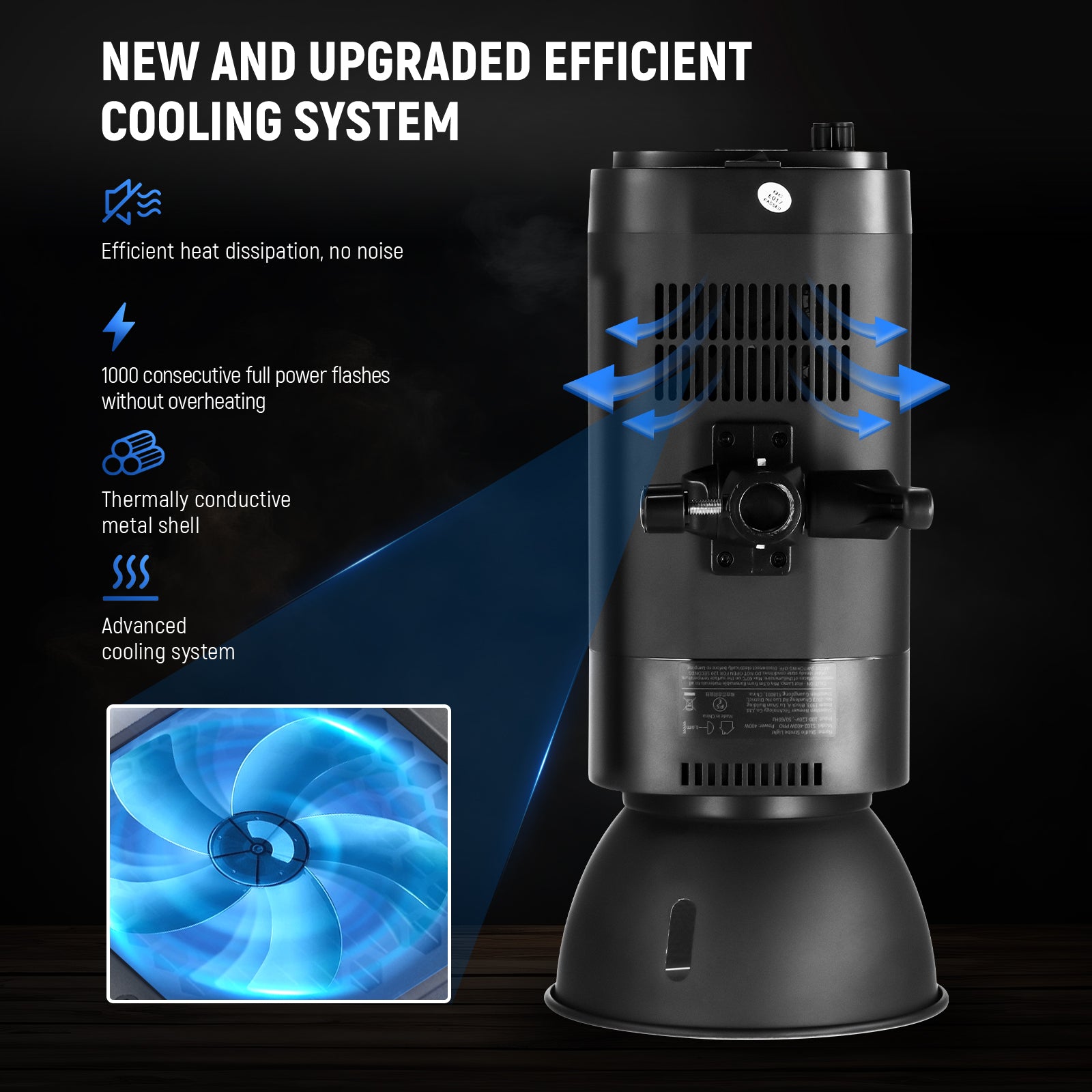 NEEWER S102-400W PRO Strobe Flash Light features an advanced heat dissipation system