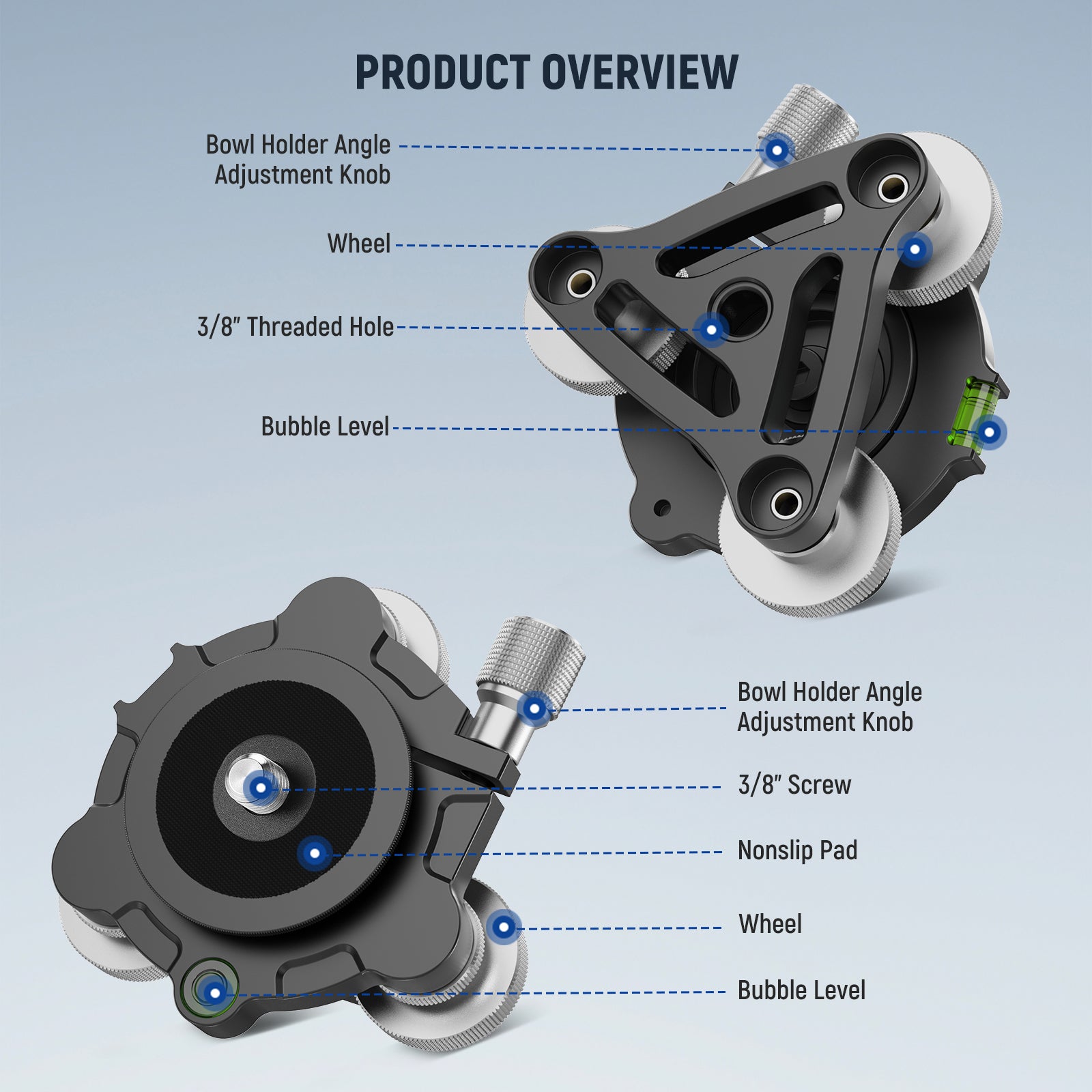 Product overview of the NEEWER LP66 Tripod Head Leveling Base