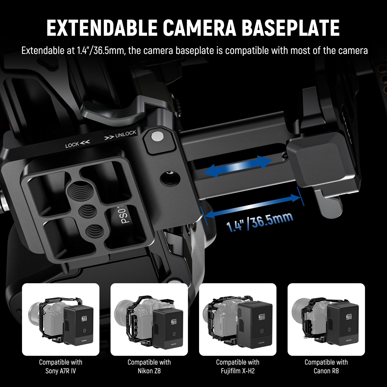Adjustable at 1.4", the camera mounting plate accessory is compatible with most cameras.