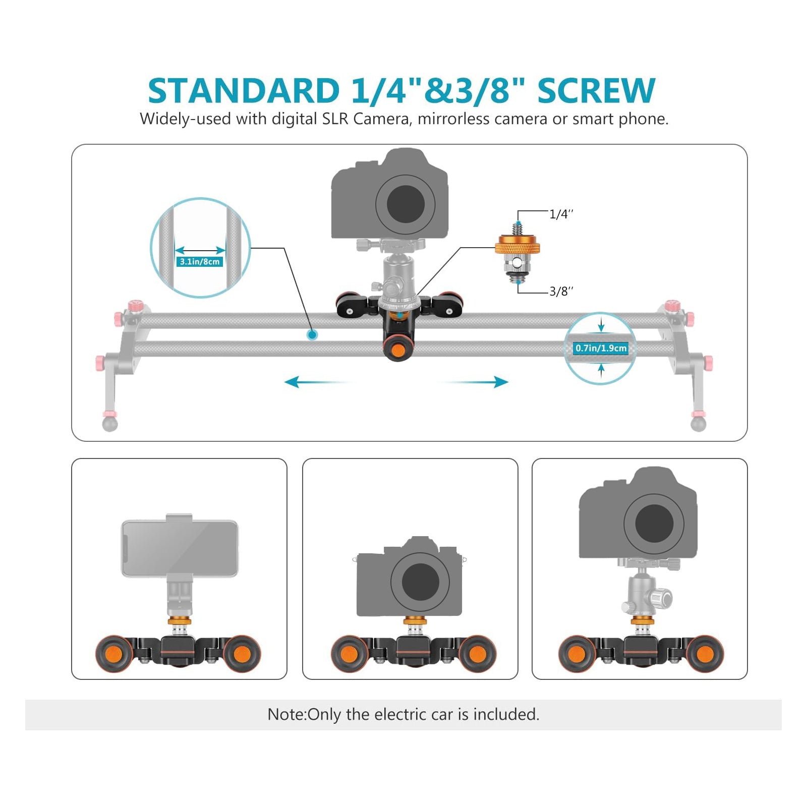 NEEWER DL100 3-Wheels Track Rail Slider Dolly features the 1/4” to 3/8” reversible screw.