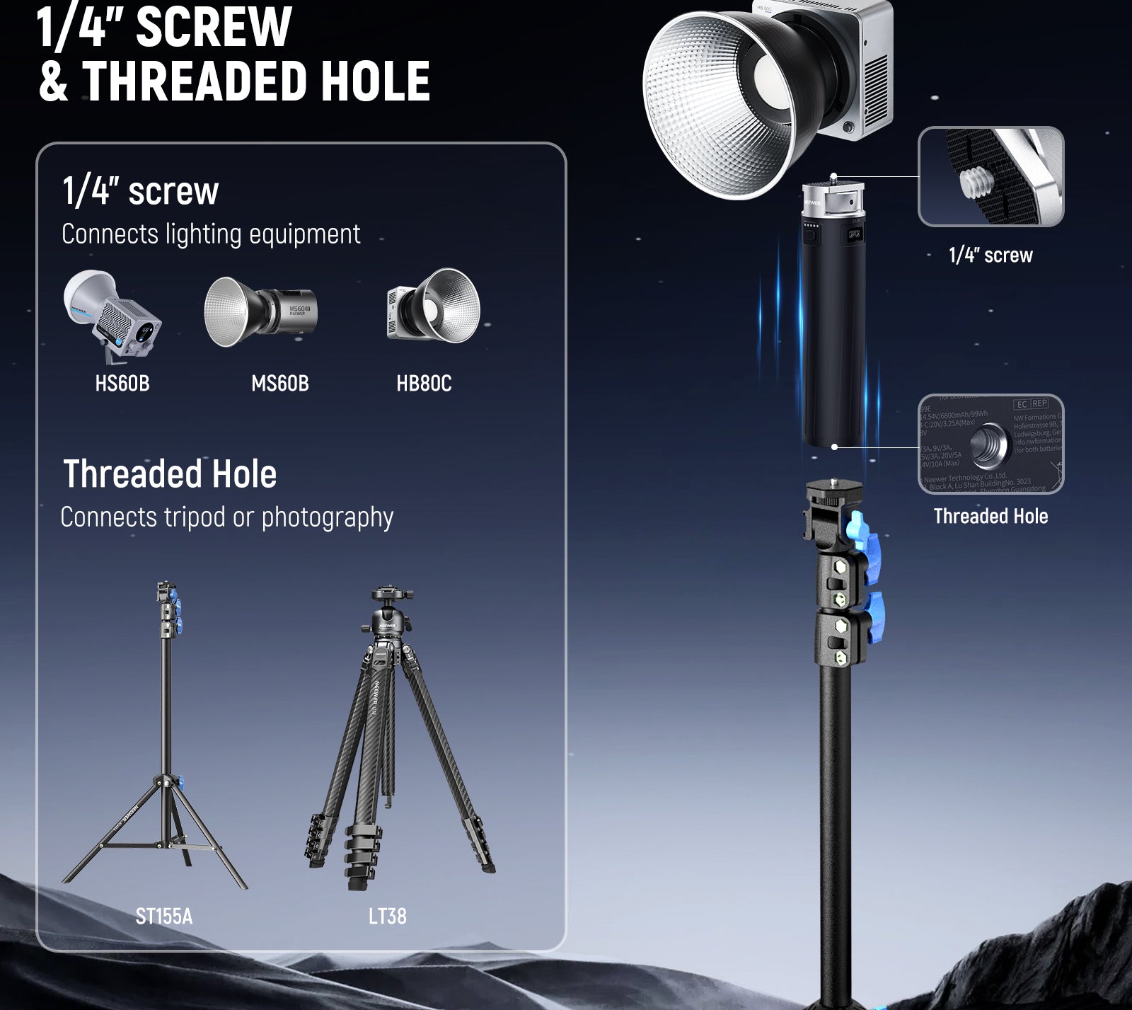 The power grip for video light has a 1/4" screw on top